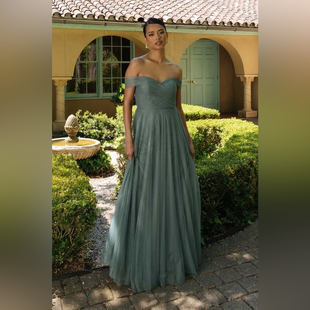 Off-Shoulder Tulle Evening Gown in Sage Green